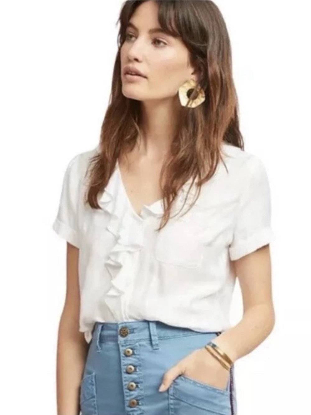 #203- MAEVE by Anthropologie White Ruffle V-Neck‎ Short Sleeve Blouse